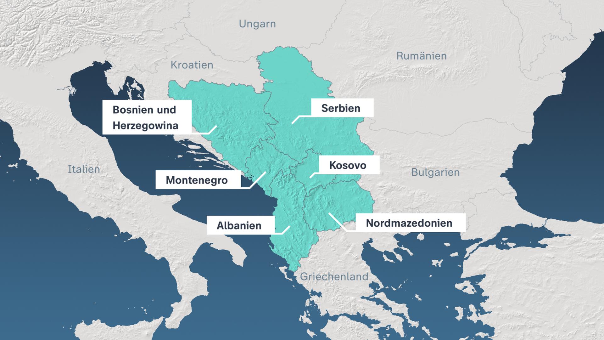 Die Karte zeigt die Westbalkan-Länder Bosnien und Herzegowina, Serbien, Montenegro, Kosovo, Albanien und Nordmazedonien.