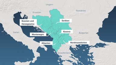 Die Karte zeigt die Westbalkan-Länder Bosnien und Herzegowina, Serbien, Montenegro, Kosovo, Albanien und Nordmazedonien.