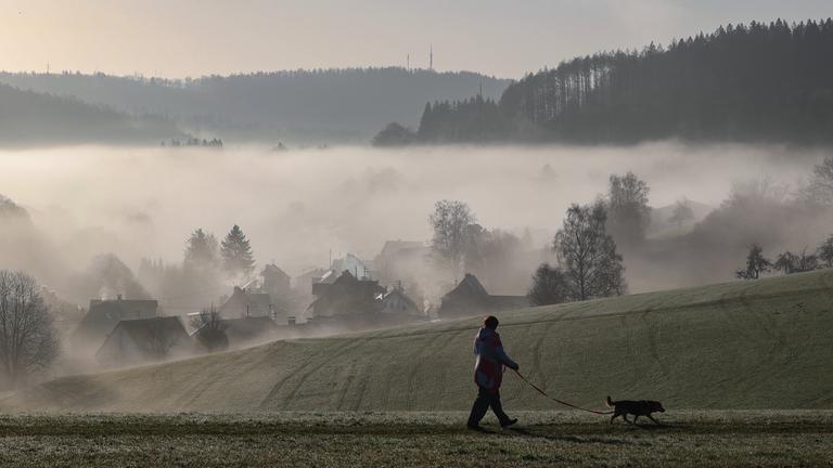 Eine Person geht, bei Nebel am Morgen, mit ihrem Hund spazieren am 12.03.2026 in Siegen spazieren.