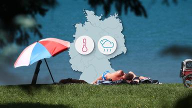 Kartenumriss von Deutschland mit einem Thermometer-Icon und einem Regenwolken-Icon, vor einem Foto von Personen auf einer Rasenfläche am Wasser