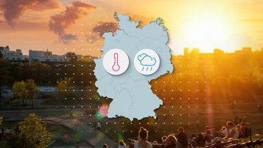 Kartenumriss von Deutschland mit einem Thermometer-Icon und einem Regenwolken-Icon, dahinter ein Foto von Menschen in einem Stadtpark kurz vor Sonnenuntergang