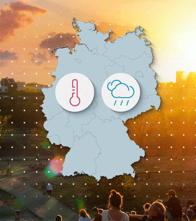 Kartenumriss von Deutschland mit einem Thermometer-Icon und einem Regenwolken-Icon, dahinter ein Foto von Menschen in einem Stadtpark kurz vor Sonnenuntergang
