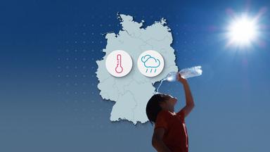Kartenumriss von Deutschland mit einem Thermometer-Icon und einem Regenwolken-Icon, davor ein Foto von einem Kind, das sich Wasser aus einer Flasche über den Kopf gießt