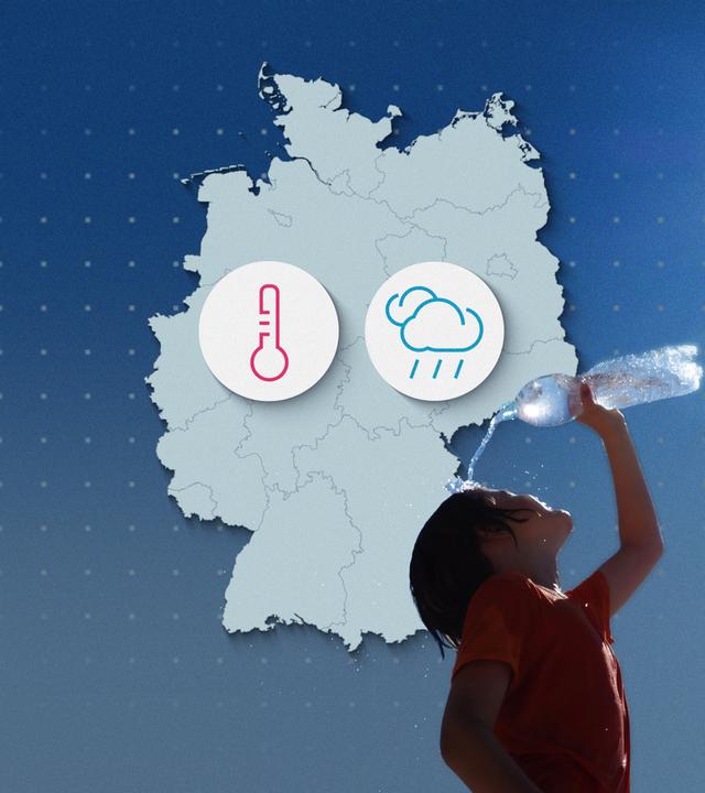 Kartenumriss von Deutschland mit einem Thermometer-Icon und einem Regenwolken-Icon, davor ein Foto von einem Kind, das sich Wasser aus einer Flasche über den Kopf gießt