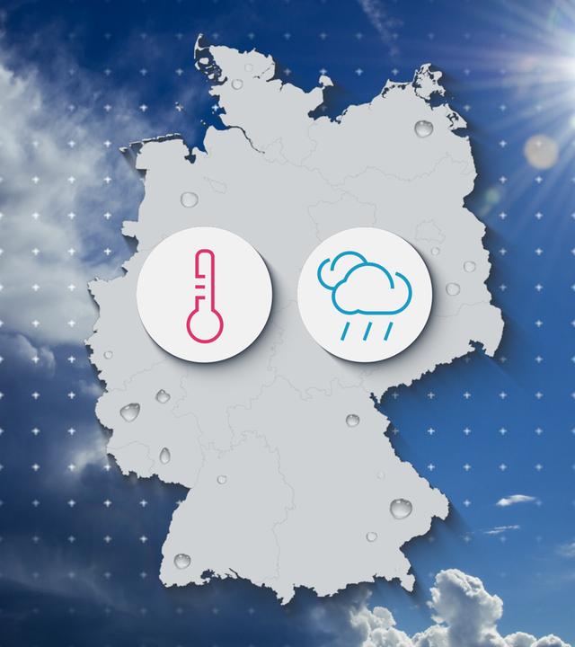 Kartenumriss von Deutschland mit einem Thermometer-Icon und einem Regenwolken-Icon, vor einem Foto von Sonne und Wolken.