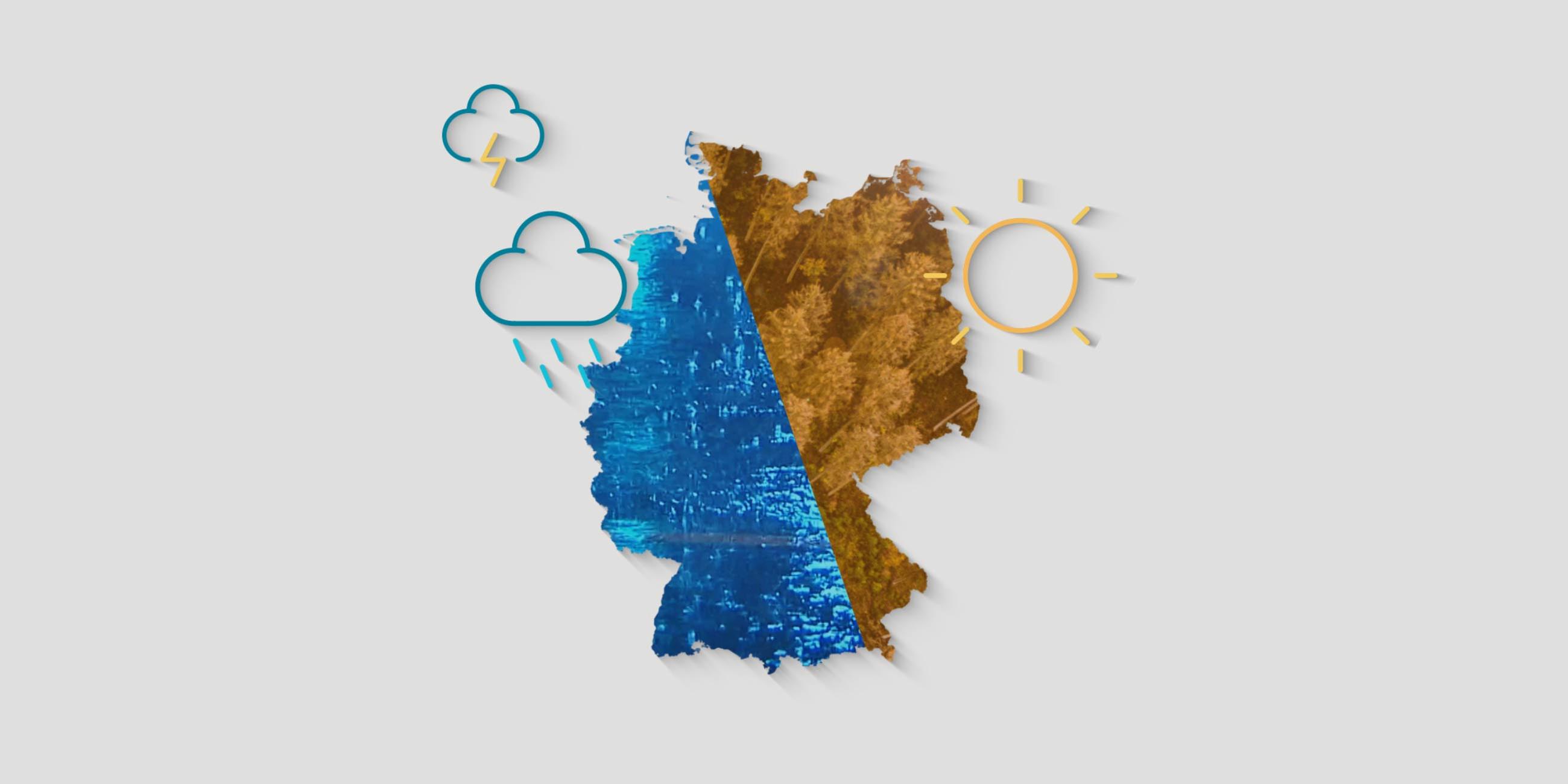 Auf der Illustration ist eine Deutschland-Karte zu sehen. Sie ist zweigeteilt, einmal mit extrem viel Niederschlag und Gewitterwolken und einmal trocken mit extremer Hitze. 