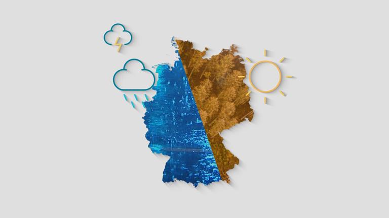 Auf der Illustration ist eine Deutschland-Karte zu sehen. Sie ist zweigeteilt, einmal mit extrem viel Niederschlag und Gewitterwolken und einmal trocken mit extremer Hitze. 