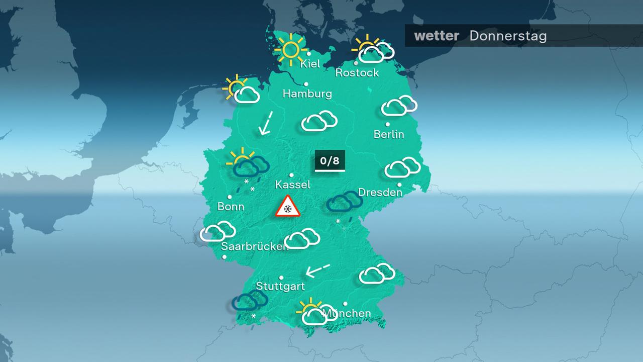 Am Donnerstag bleibt es für die meisten trüb. Vereinzelt gibt es wieder Sprühregen oder Schneeregen - vor allem in der Mitte und im Süden. Dabei kann es anfangs wieder glatt auf den Straßen werden. Von Norden her lockert es auf und es zeigt sich häufiger die Sonne. Die gibt es auch anfangs noch an den Alpen. Die Temperatur erreicht 0 bis 8 Grad.