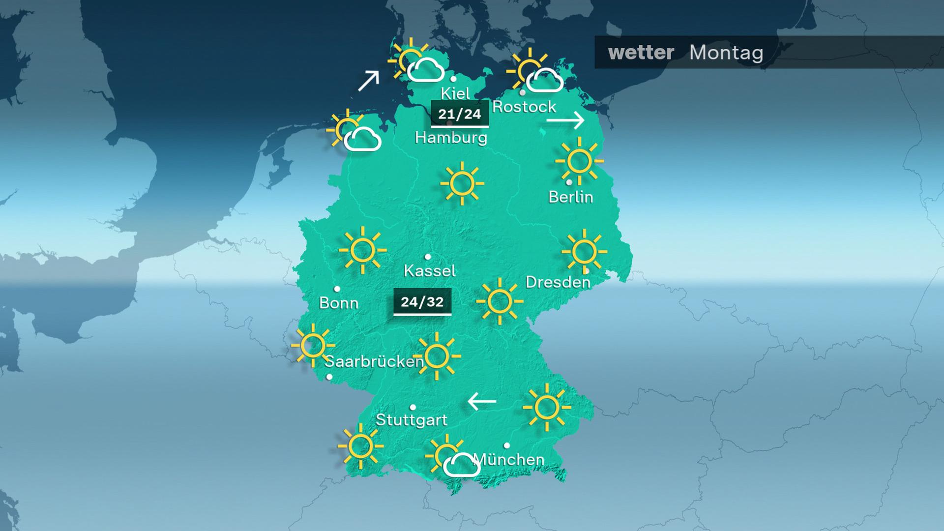 Am Montag gibt es viel Sonne. Größere Wolkenfelder ziehen nur über den äußersten Norden und über die Alpen. Die Höchsttemperaturen liegen zwischen 21 Grad in Nordfriesland und 32 Grad am Oberrhein. 