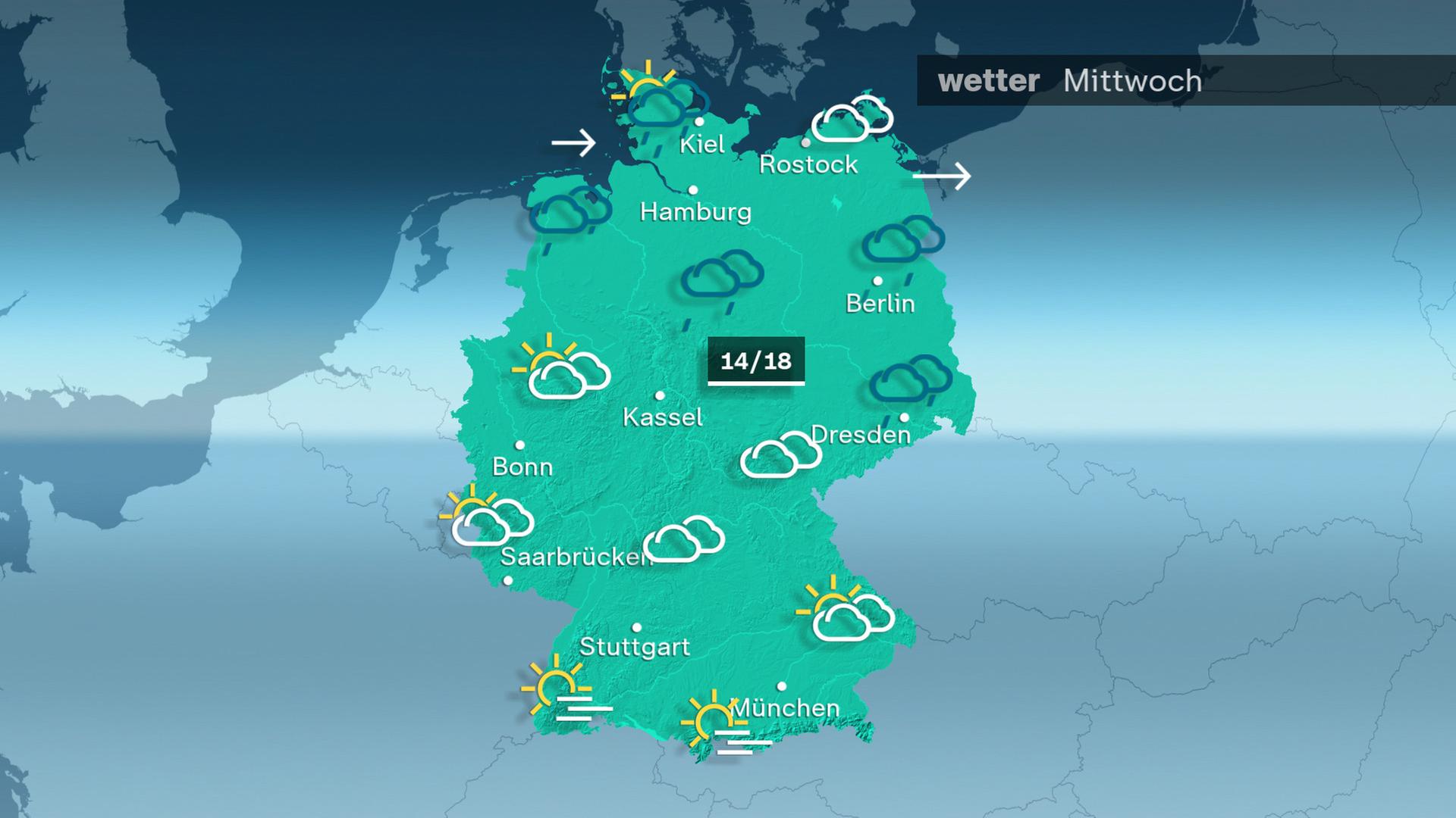 ZDFheute Wetter - Mittwoch - 08.10.2025: Am Mittwoch bleibt der Himmel im Norden meist wolkenverhangen und es kann etwas regnen. Im Süden beginnt der Tag oft mit Nebel oder dichten Wolken, später zeigt sich aber mehr und mehr die Sonne. Die Temperaturen steigen auf 14 bis 18 Grad. 