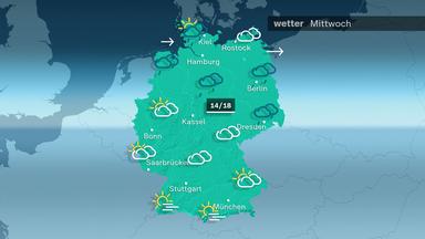 ZDFheute Wetter - Mittwoch - 08.10.2025: Am Mittwoch bleibt der Himmel im Norden meist wolkenverhangen und es kann etwas regnen. Im Süden beginnt der Tag oft mit Nebel oder dichten Wolken, später zeigt sich aber mehr und mehr die Sonne. Die Temperaturen steigen auf 14 bis 18 Grad. 