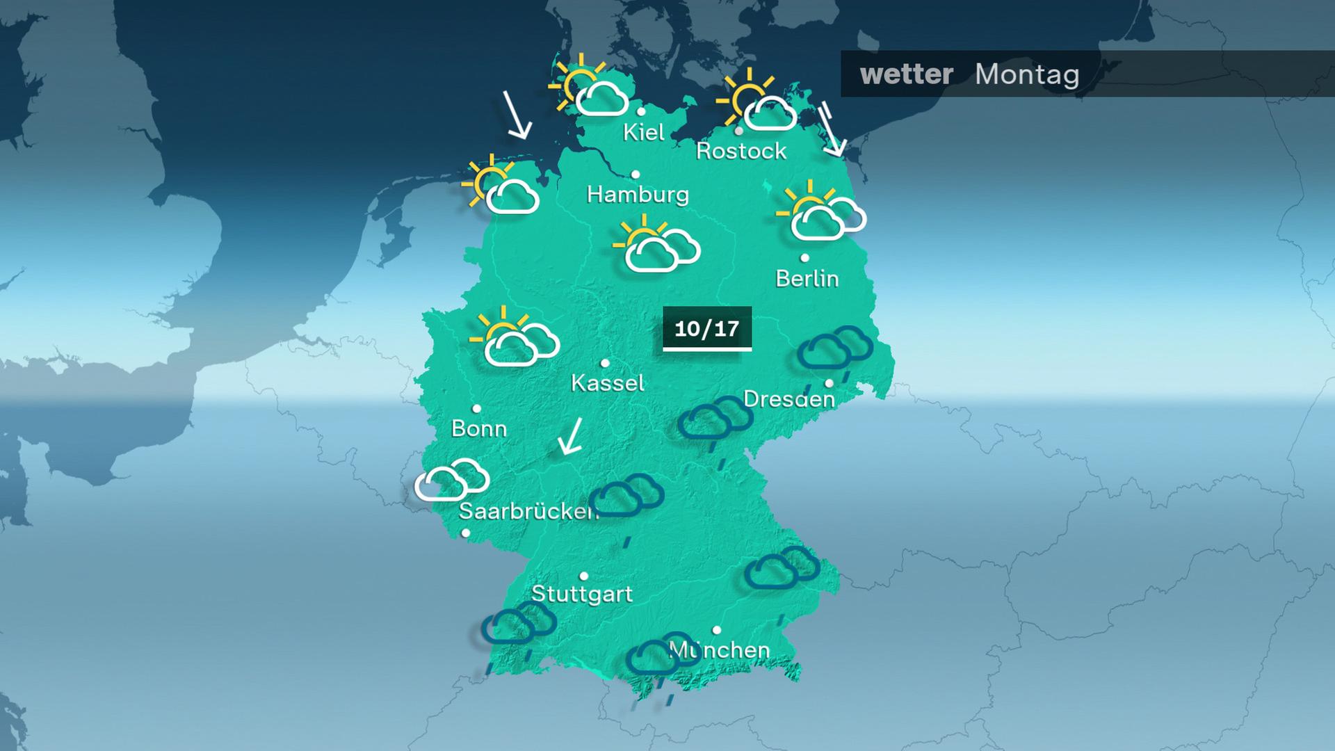 Am Montag regnet es südlich des Mains und von Thüringen bis in die Lausitz teils länger. Sonst bleibt es bei einem Mix aus zahlreichen Wolken und Sonne meist trocken. Die Temperatur steigt auf Werte von 10 bis 17 Grad. 