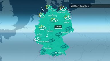 Am Montag regnet es südlich des Mains und von Thüringen bis in die Lausitz teils länger. Sonst bleibt es bei einem Mix aus zahlreichen Wolken und Sonne meist trocken. Die Temperatur steigt auf Werte von 10 bis 17 Grad. 