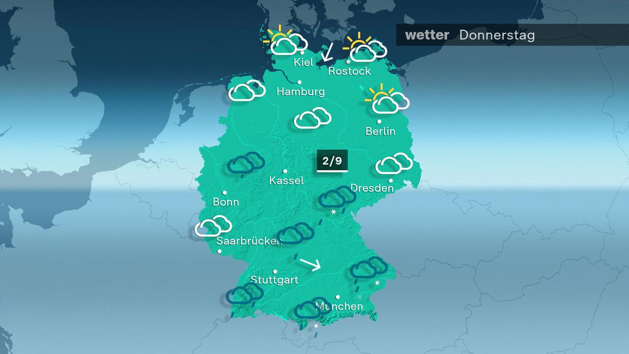 Das Wetter am Donnerstag 14.12.2023: Am Donnerstag in der Mitte und im Süden Schauer. Die Schneefallgrenze liegt bei etwa 600 Metern. Im Norden meist trocken. Die Temperatur steigt auf Werte von 2 bis 9 Grad.