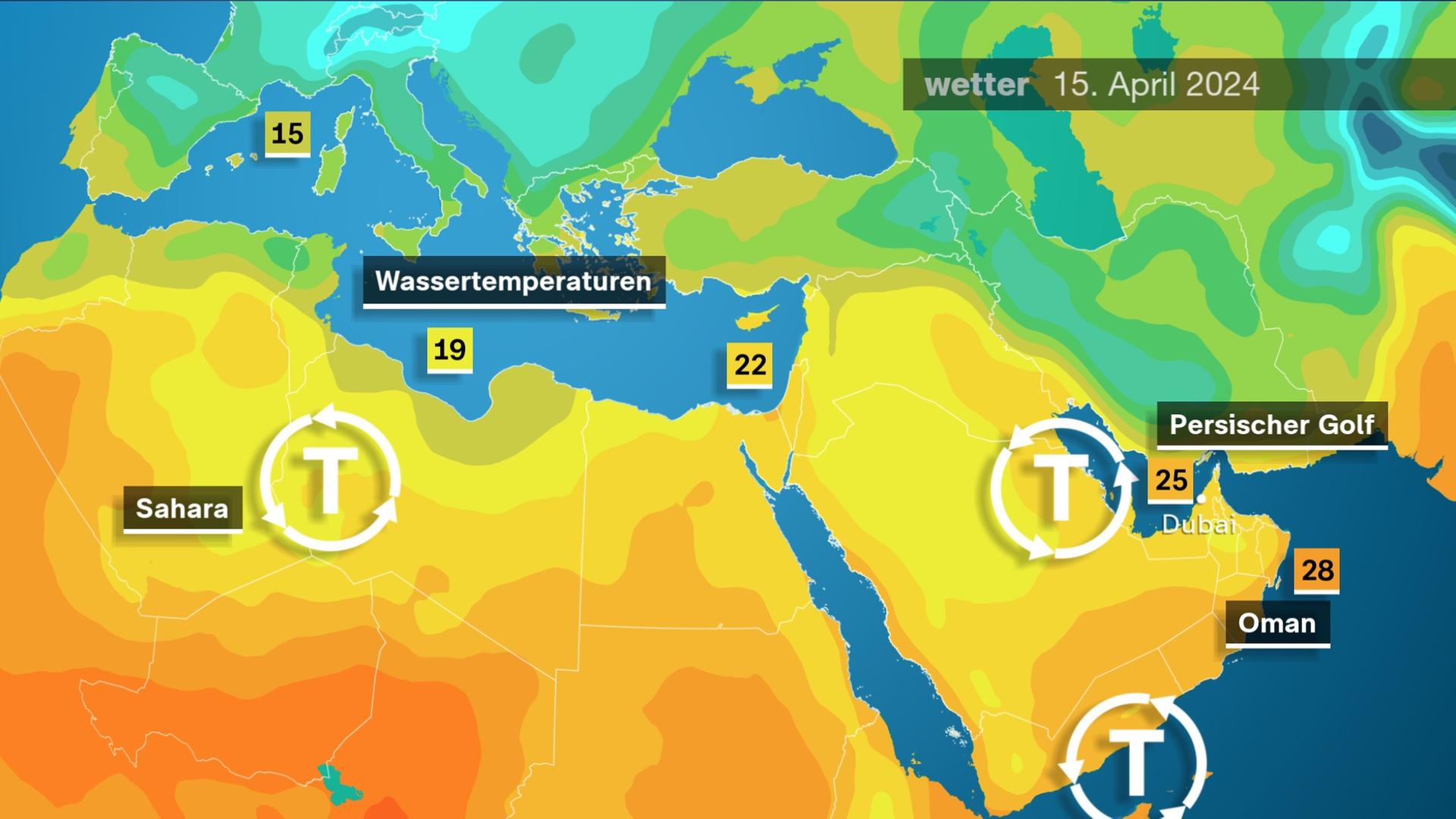 Mehrere Tiefs brachten Regen dort, wo es eher selten regnet: In der Sahara, in Oman, in Saudi-Arabien und in den Vereinigten Arabischen Emiraten. Besonders betroffen war Dubai.