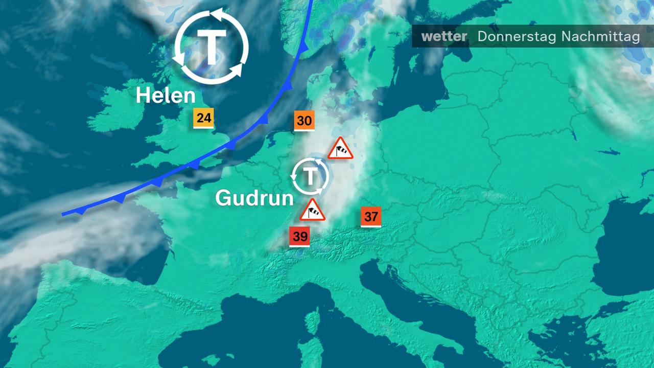 Die nahenden Tiefs Gudrun und Helen bringen stürmische Böen und Gewitter.