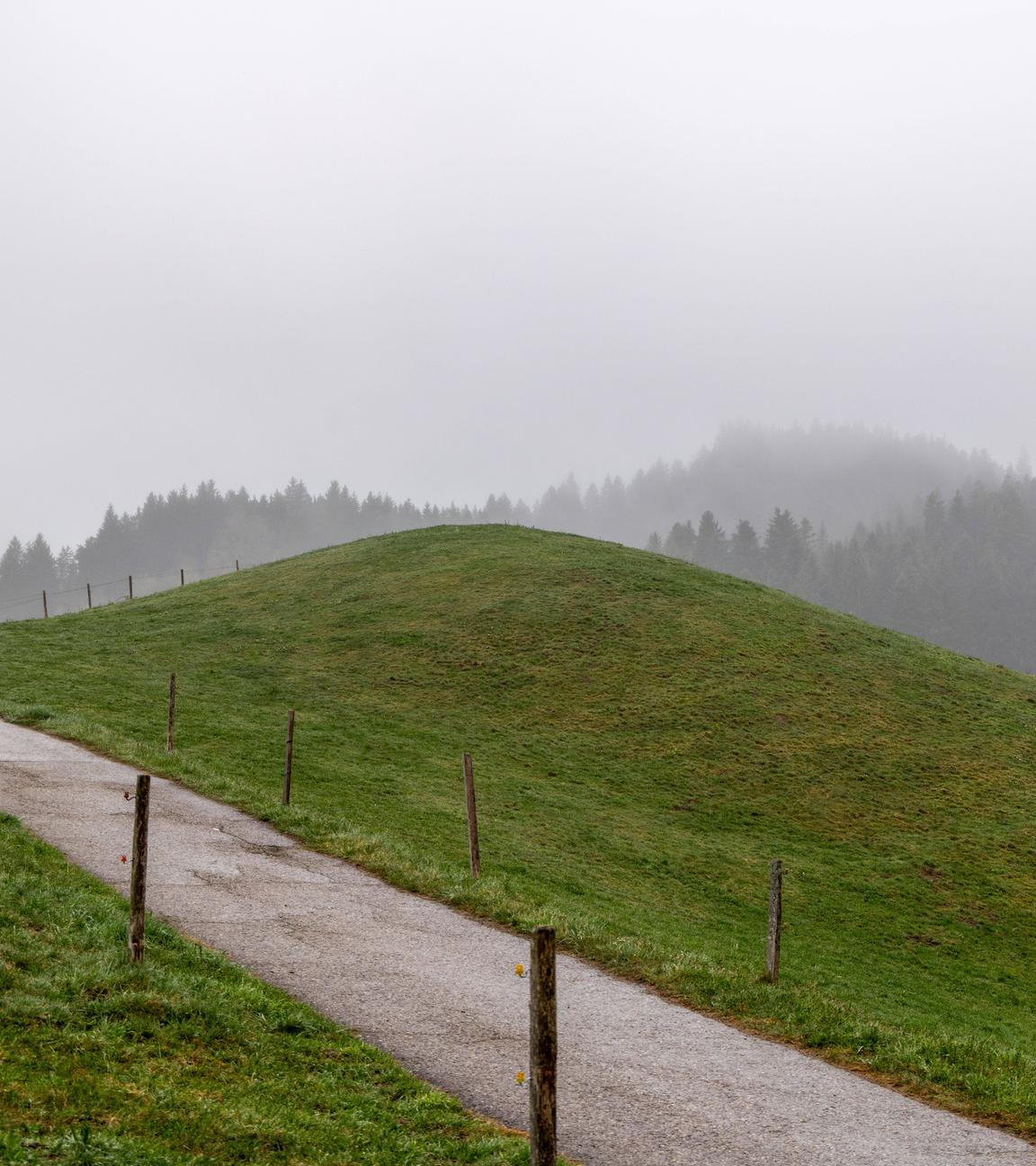 Blick auf die Landschaft im Westallgäu bei Nieselregen am 13.04.2026.