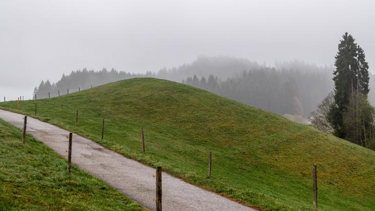 Blick auf die Landschaft im Westallgäu bei Nieselregen am 13.04.2026.
