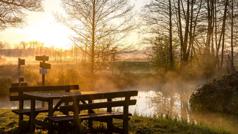 Die Sonne steigt über die von Nebel überzogene Landschaft im Spreewald am 18.04.2026.