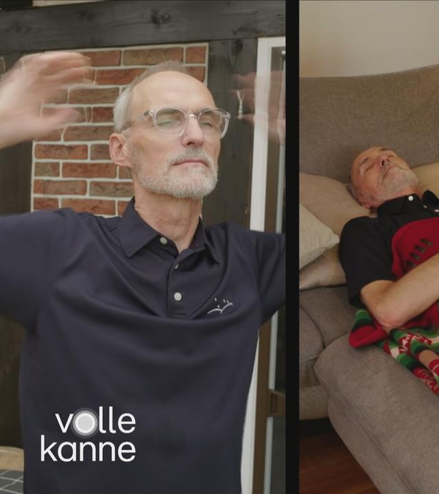 Mann macht auf Splitscreen drei verschiedene Dinge: Sport, schlafen und Zähne putzen