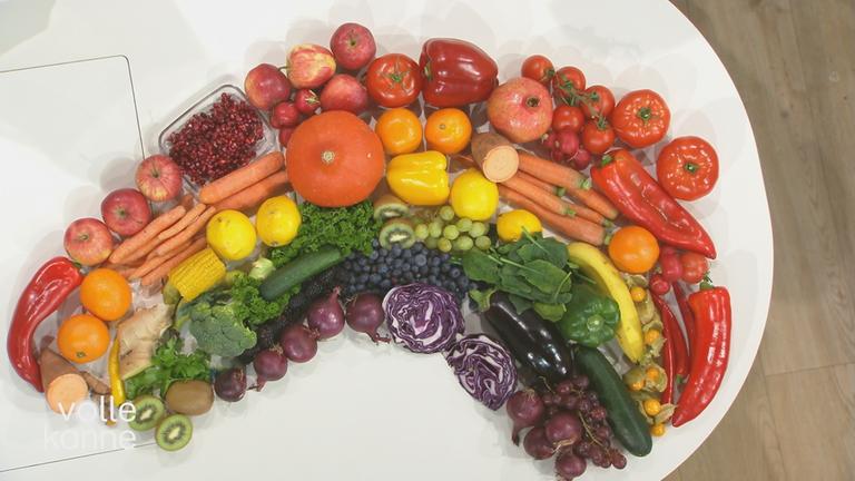 Ein bunter Gemüse- und Obstteller.