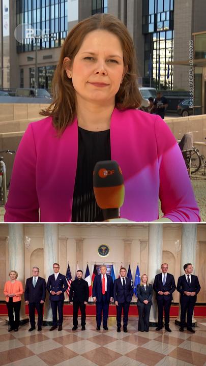 ZDF-Korrespondentin Lara Wiedeking in der oberen Hälfte des Bildes und ein Gruppenfoto europäischer Regierungschefs mit US-Präsident Donald Trump auf der unteren Bildhälfte.