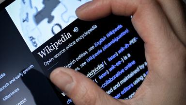 Ein Nahaufnahmebild zeigt eine Frau, die die Wikipedia-Online-Enzyklopädie auf einem iPad nutzt