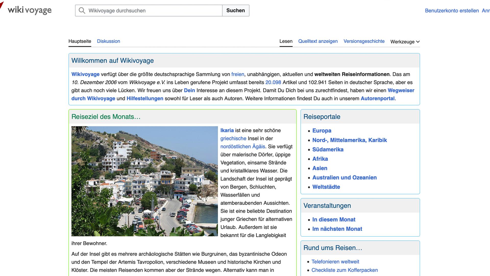 Screenshot der deutschen Wikivoyage-Startseite