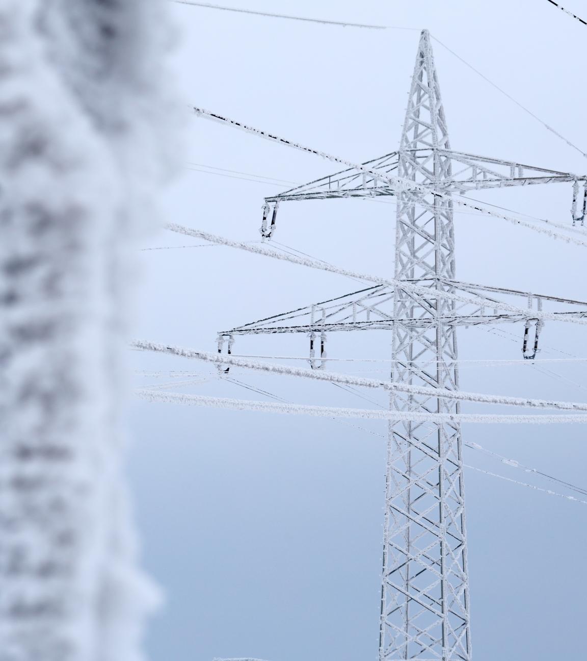 Sachsen-Anhalt, Harz: Blick auf vereiste Stromleitungen in Hüttenrode. 
