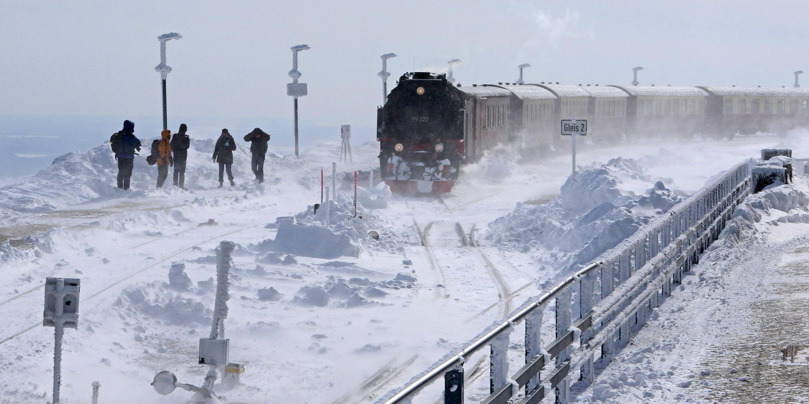 Ein Zug der Harzer Schmalspurbahn hält am Brocken