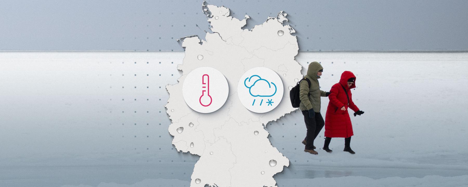 Spaziergänger im Schnee, dazu eine Deutschlandkarte mit Piktogrammen für Temperatur und Niederschlag