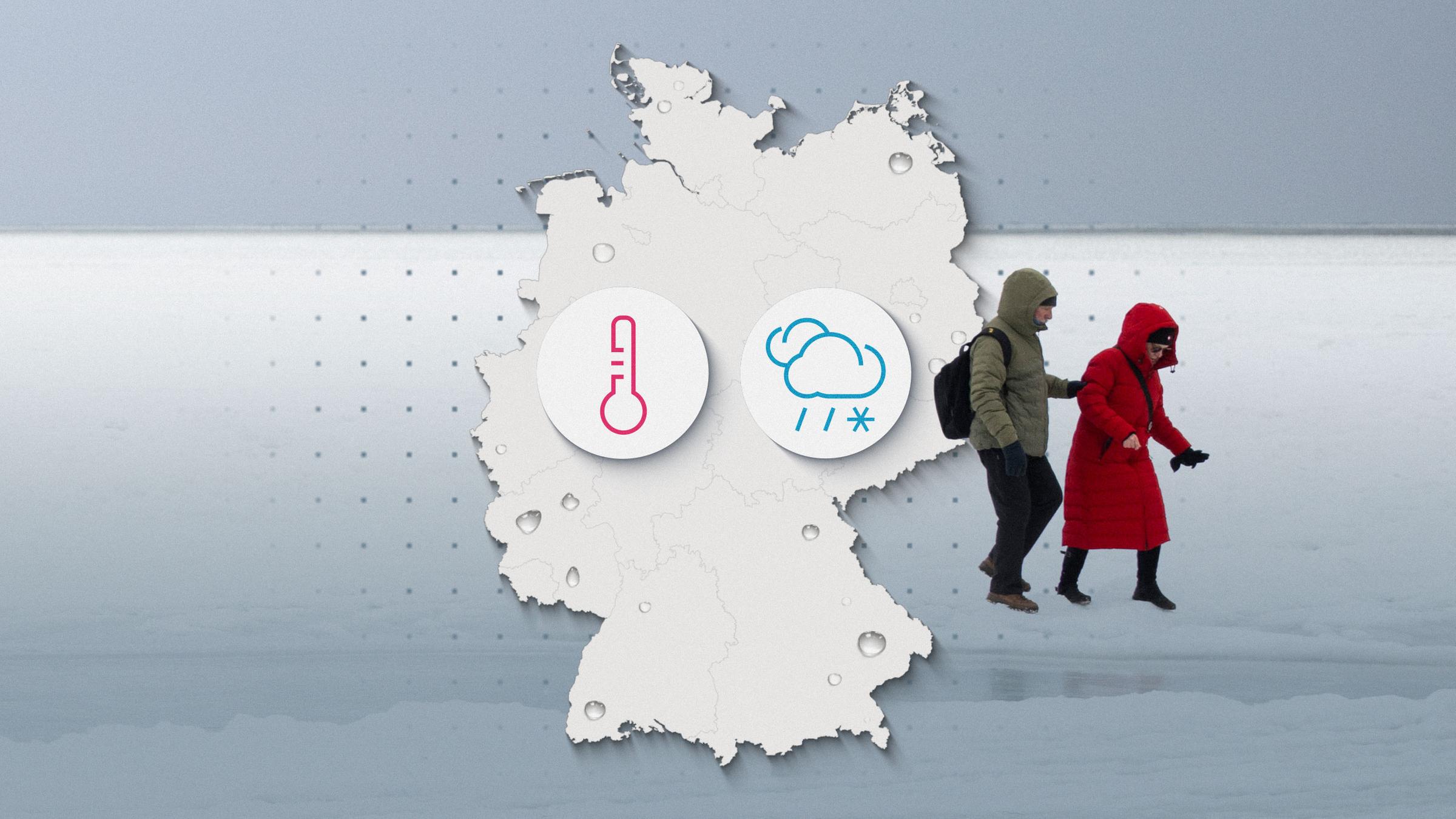Spaziergänger im Schnee, dazu eine Deutschlandkarte mit Piktogrammen für Temperatur und Niederschlag