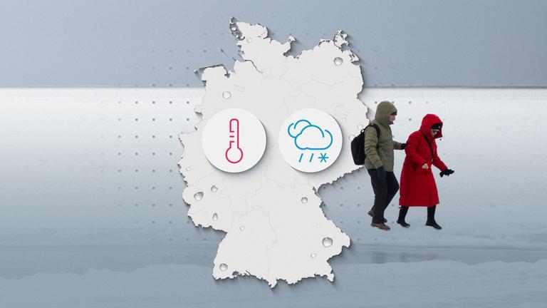 Spaziergänger im Schnee, dazu eine Deutschlandkarte mit Piktogrammen für Temperatur und Niederschlag