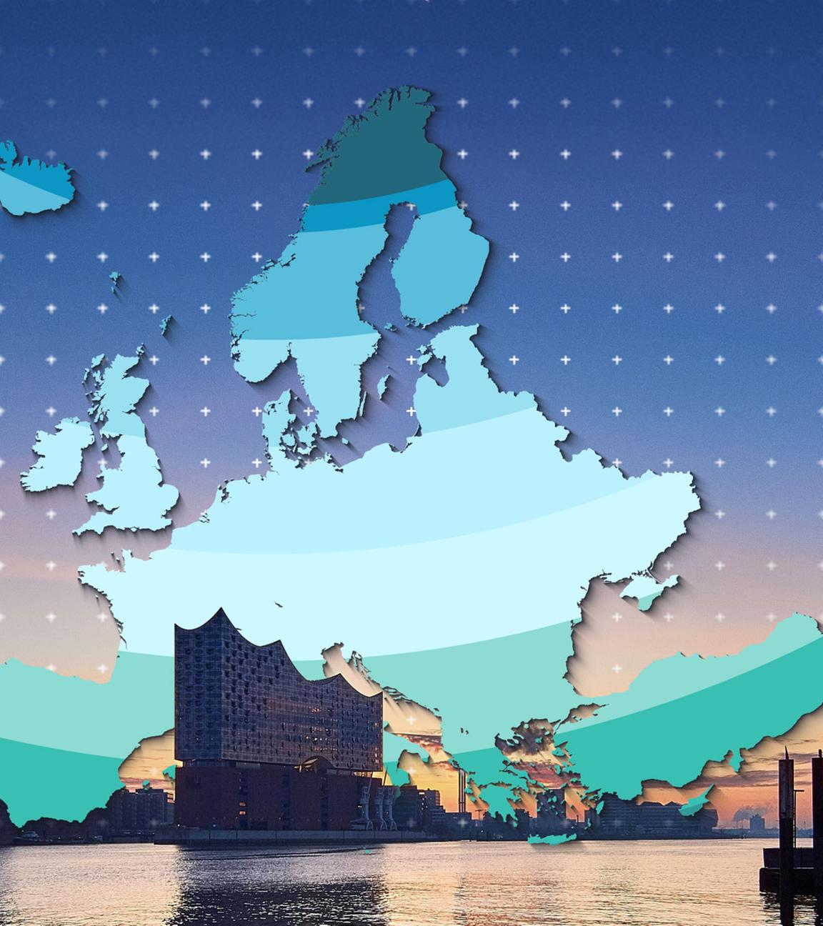 Im Hintergrund sieht man ein Panorama von Hamburg mit der Elbphilharmonie, im Vordergrund eine grafische Europakarte, die die unterschiedliche Tageslänge darstellen soll.
