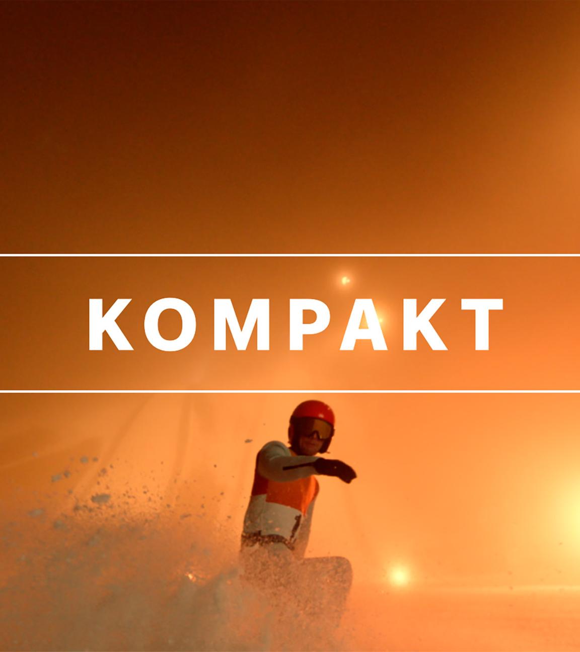 Das Wintersport "KOMPAKT"-Logo vor rot-vernebeltem Hintergrund, unten mittig ein Skifahrer.