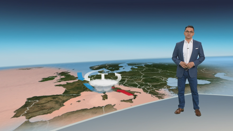3D-Studio, Grafik, Europakarte, Mittelmeer, Starkregen, Tief, Medicane, Hurrikan, Özden Terli