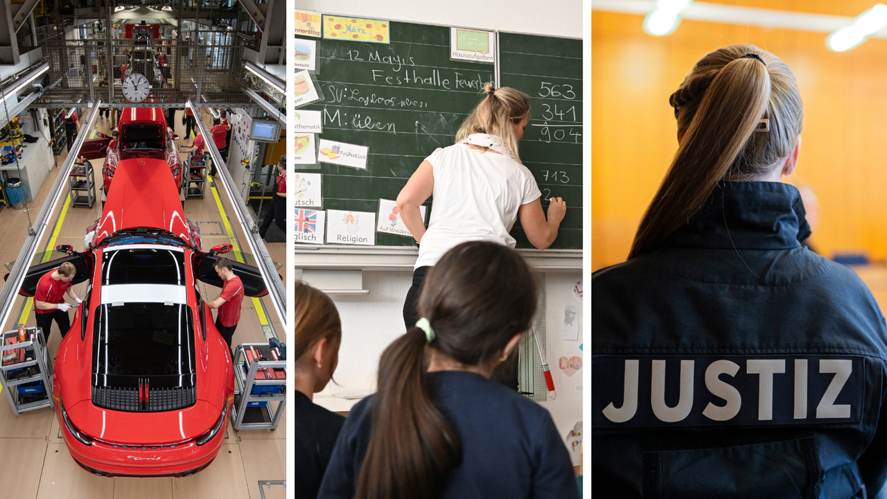 Die Produktion von Autos symbolisiert das Thema Wirtschaft. Eine Lehrerin an der Tafel symbolisiert das Thema Bildung. Eine Polizistin mit dem Schriftzug Justiz symbolisiert das Thema Sicherheit.