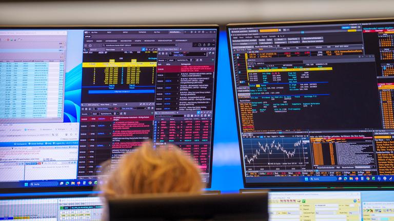 Eine Händlerin schaut im Handelssaal an der Börse auf ihre Bildschirme.