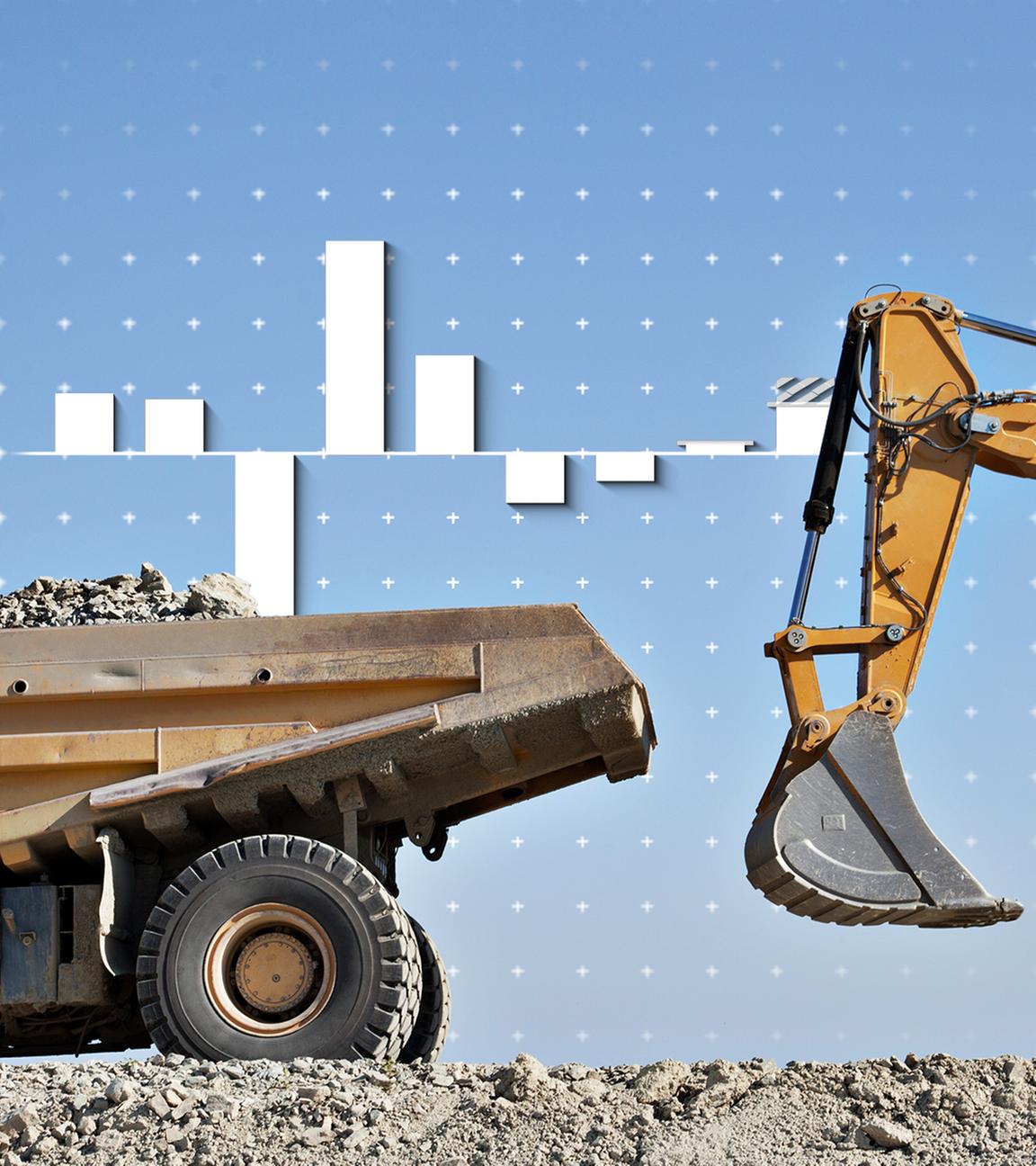 Bauarbeiter besprechen sich neben einem Bagger und einem Laster, daneben eine Grafik zum Bruttoinlandsprodukt