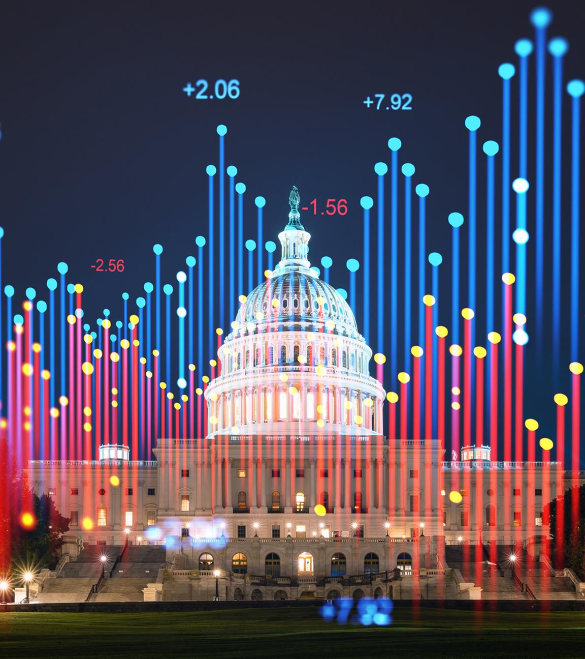 US-Kapitolgebäude bei Nacht mit holografisch überlagerten Finanzdaten 