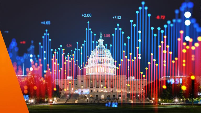 US-Kapitolgebäude bei Nacht mit holografisch überlagerten Finanzdaten 