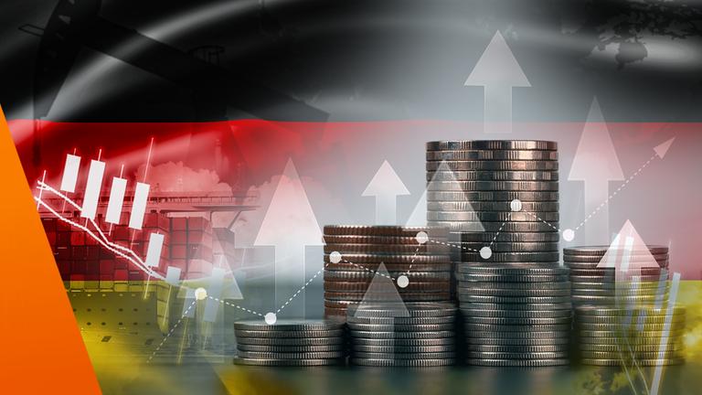 Deutschlandfahne im Hintergrund, Münzen im Vordergrund 