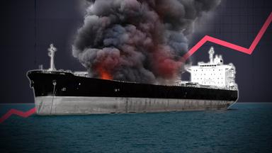 Eine Komposition aus einem brennenden Öl-Tanker und einem fallenden Graphen. 