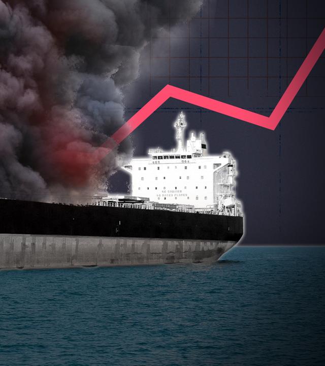 Eine Komposition aus einem brennenden Öl-Tanker und einem fallenden Graphen. 