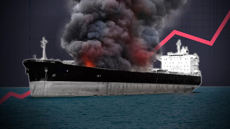 Eine Komposition aus einem brennenden Öl-Tanker und einem fallenden Graphen. 