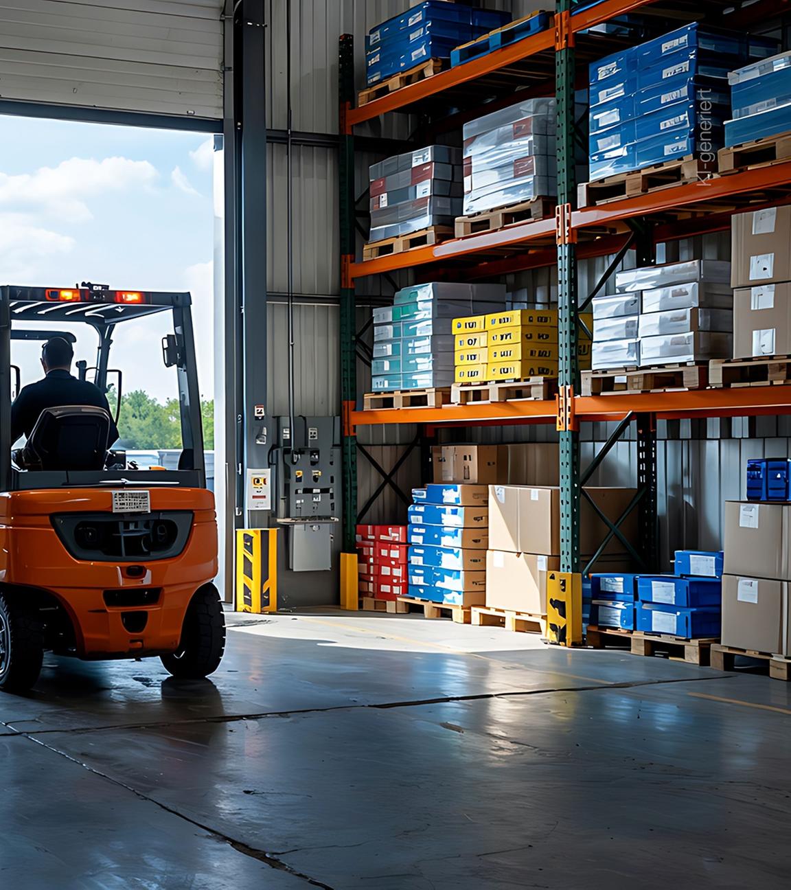 Große Lagerhalle mit Hochregalen. Ein Gabelstapler belädt einen LKW mit Paletten.
