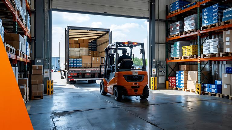 Große Lagerhalle mit Hochregalen. Ein Gabelstapler belädt einen LKW mit Paletten.