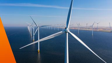 Offshore-Windpark im Meer. Im Hintergrund ist die Küste zu sehen.