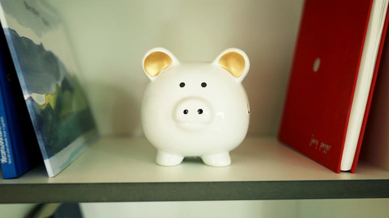 "WISO-Dokumentation: Ärger mit der Rente: Ist Riester noch zu retten?" Sparschwein steht in einem Regal.