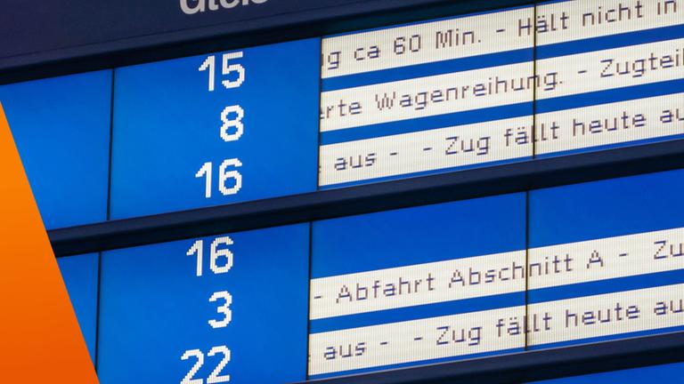 Anzeigetafel der Deutschen Bahn mit Zufausfällen und Verspätungen